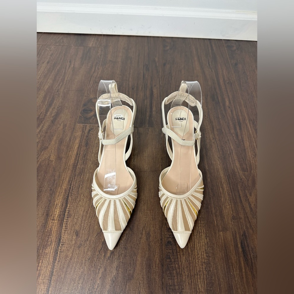 Fendi Leather And Mesh High-heeled Slingbacks In Blanc - Picture 3 of 15